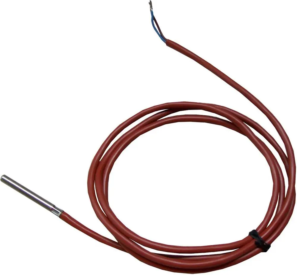 Temperaturfühler mit einem metallischen Sensorelement und roten Kabeln, möglicherweise von Bosch, zur Verwendung in Heizungsanlagen oder ähnlichen Anwendungen.